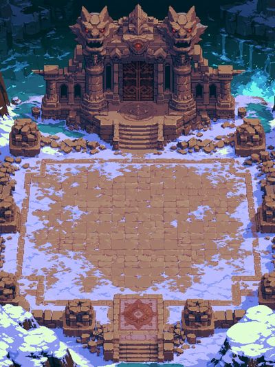 Snowy Demon Temple Pixel Art Poster.