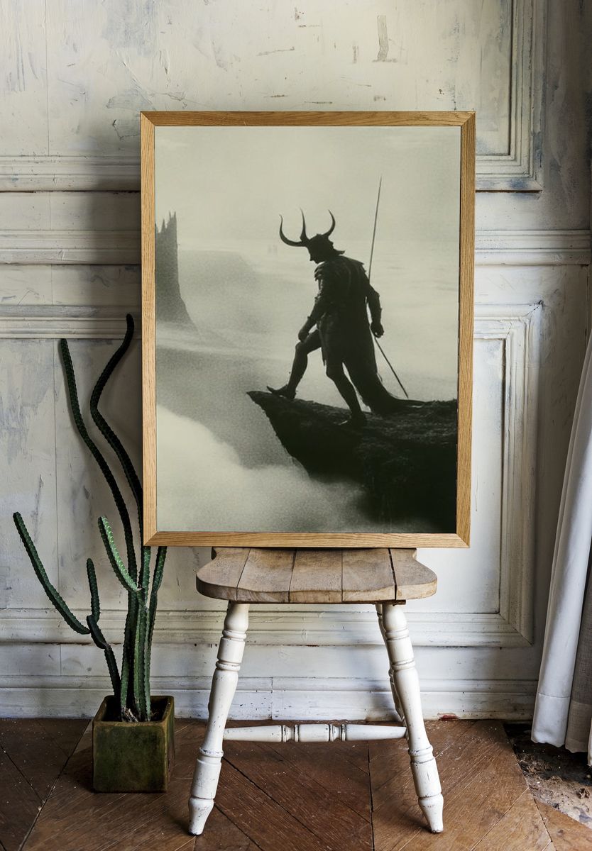 Horned Warrior Silhouette Print. room preview
