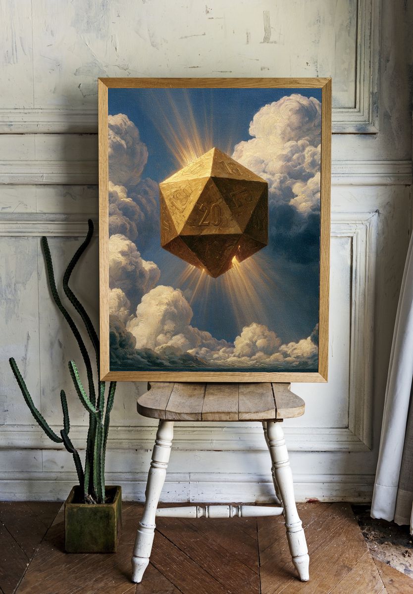 Golden D20 in Clouds Poster. — room view 1