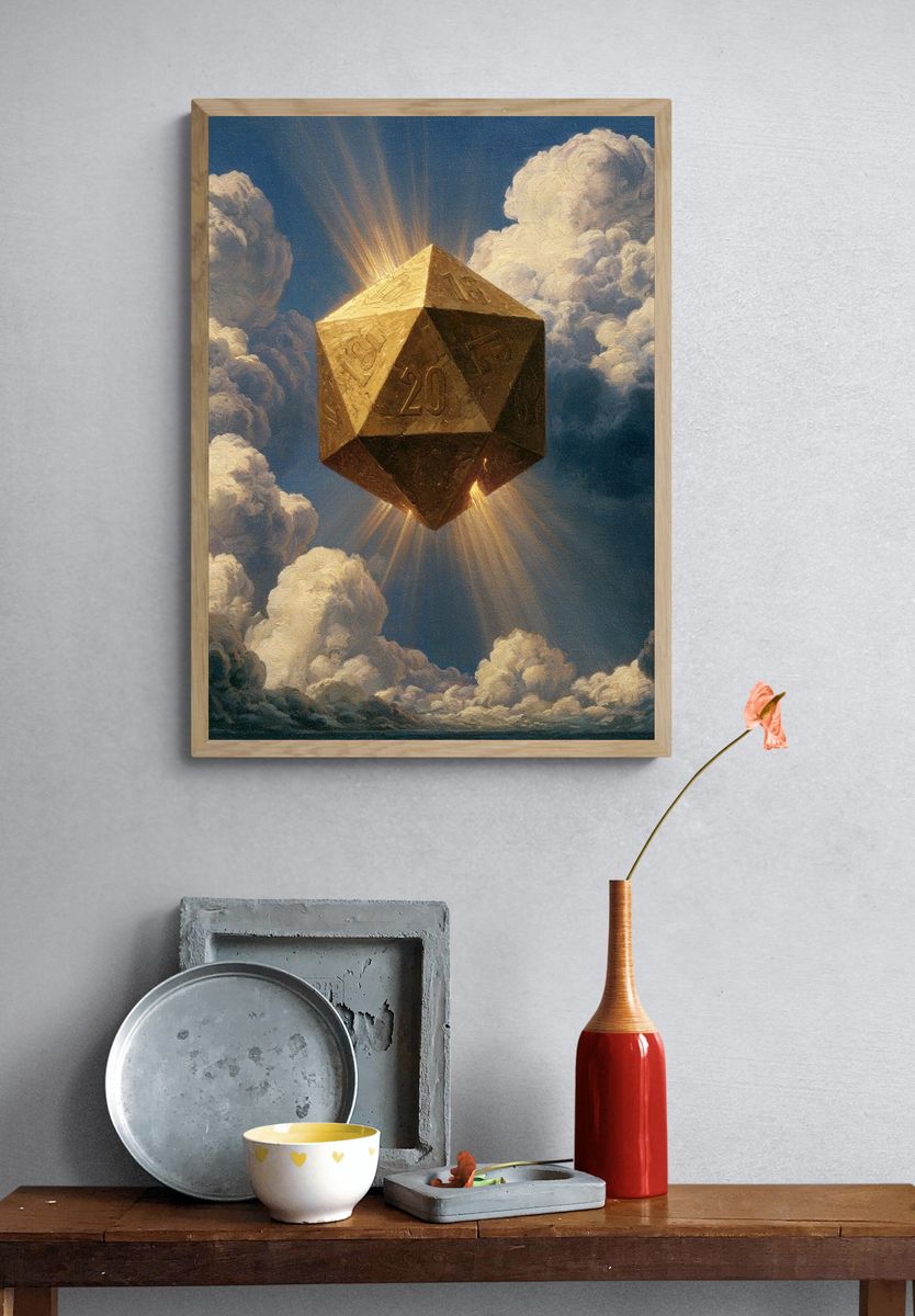 Golden D20 in Clouds Poster. — room view 3