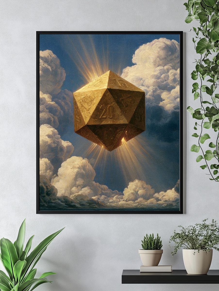 Golden D20 in Clouds Poster. — room view 4