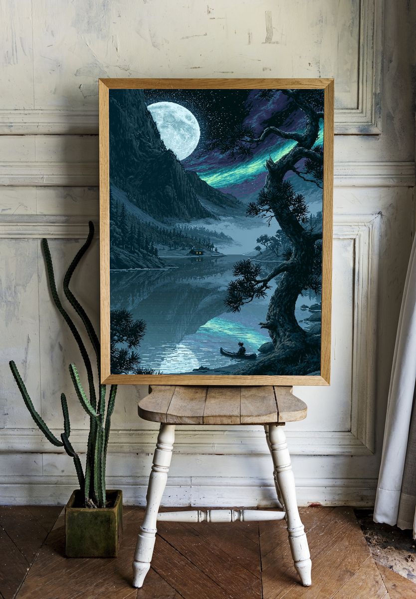 Moonlit Lake Pixel Art Poster. room preview