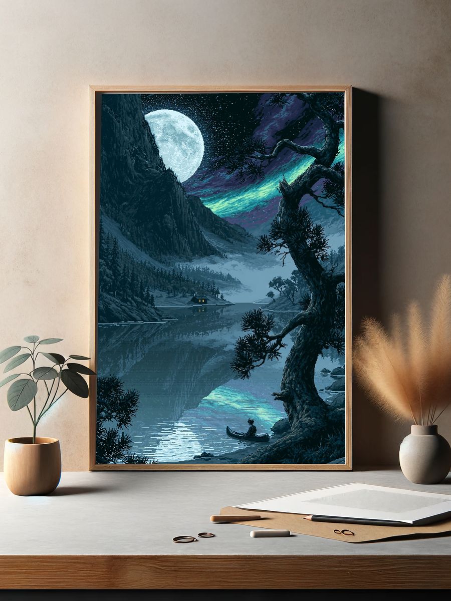 Moonlit Lake Pixel Art Poster. — room view 2
