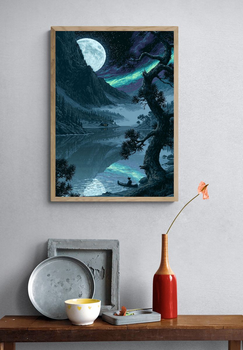 Moonlit Lake Pixel Art Poster. — room view 3
