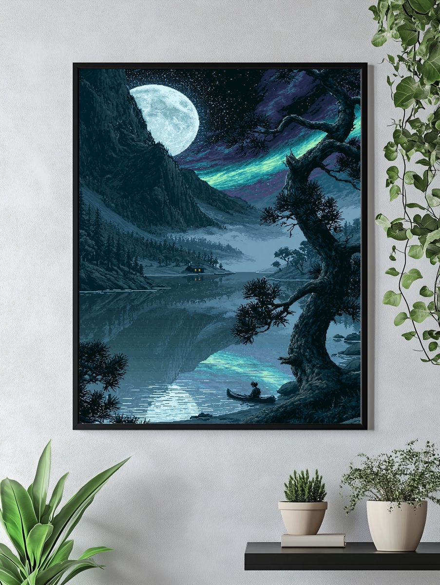 Moonlit Lake Pixel Art Poster. — room view 4