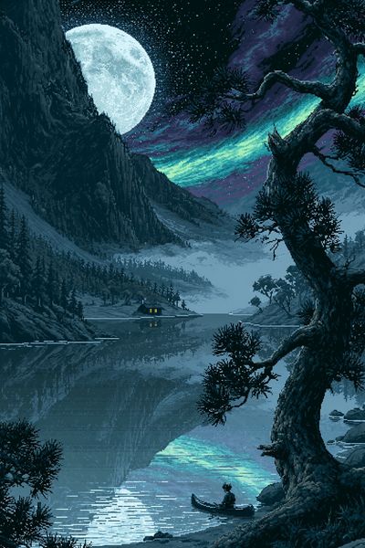 Moonlit Lake Pixel Art Poster.