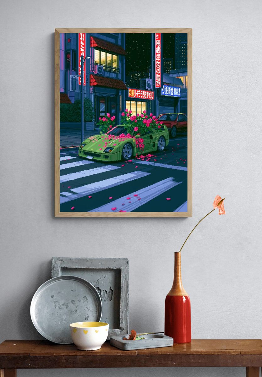Neon City Sports Car Poster. — room view 3