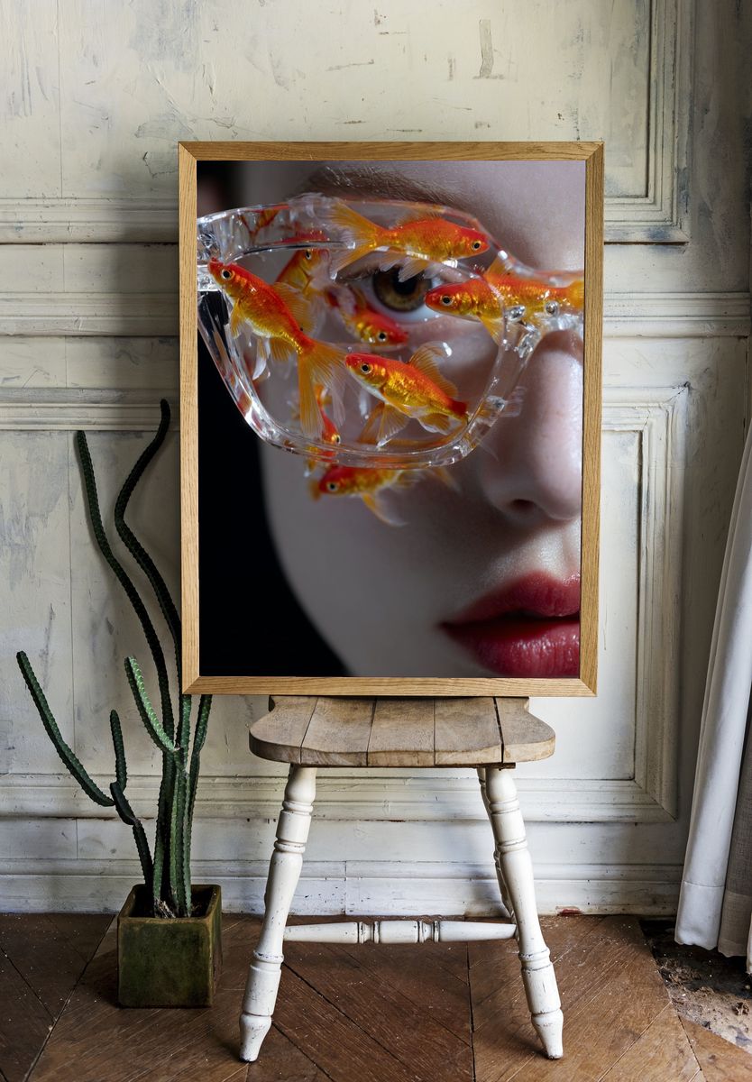 Goldfish in Glasses — Surrealism Print. — room view 1