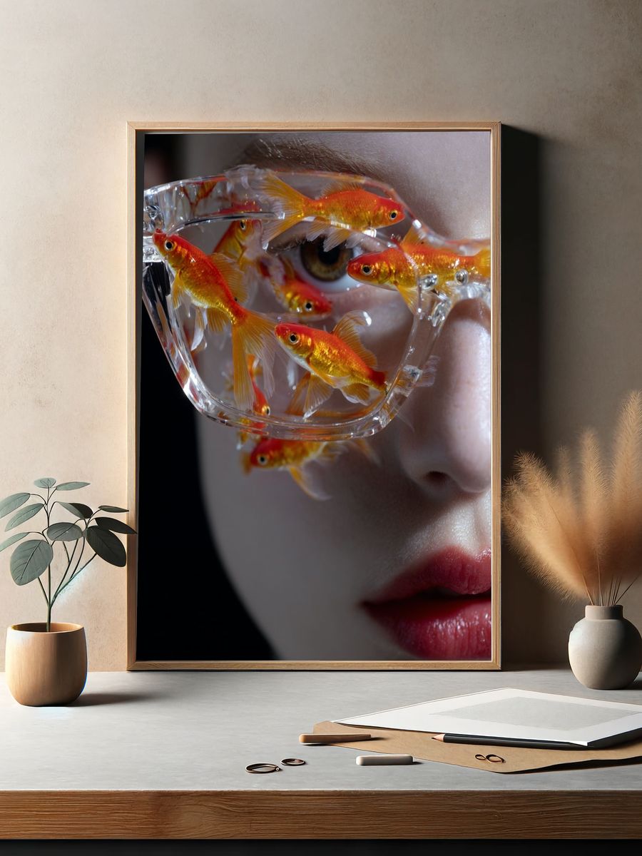 Goldfish in Glasses — Surrealism Print. — room view 2