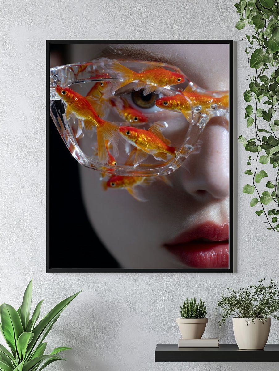Goldfish in Glasses — Surrealism Print. — room view 4