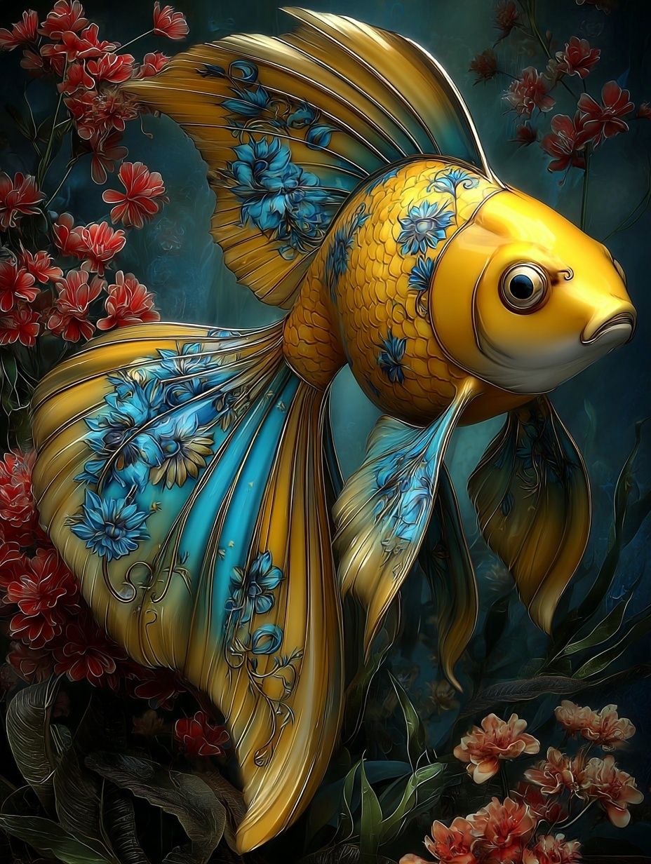 Goldfish with Floral Design — Illustration Print. poster — illustration art