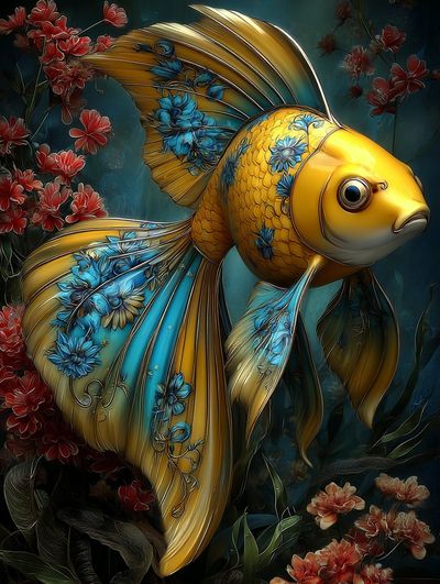 Goldfish with Floral Design — Illustration Print. poster print