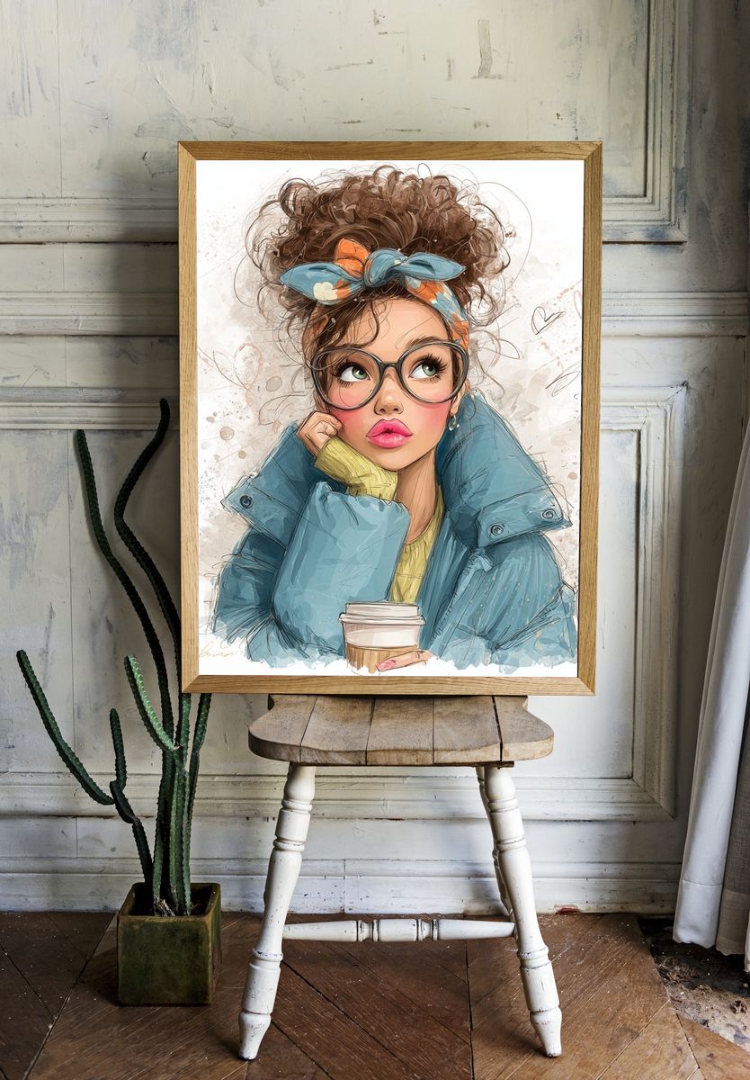 Stylish Girl with Coffee — Illustration Print. — room view 1