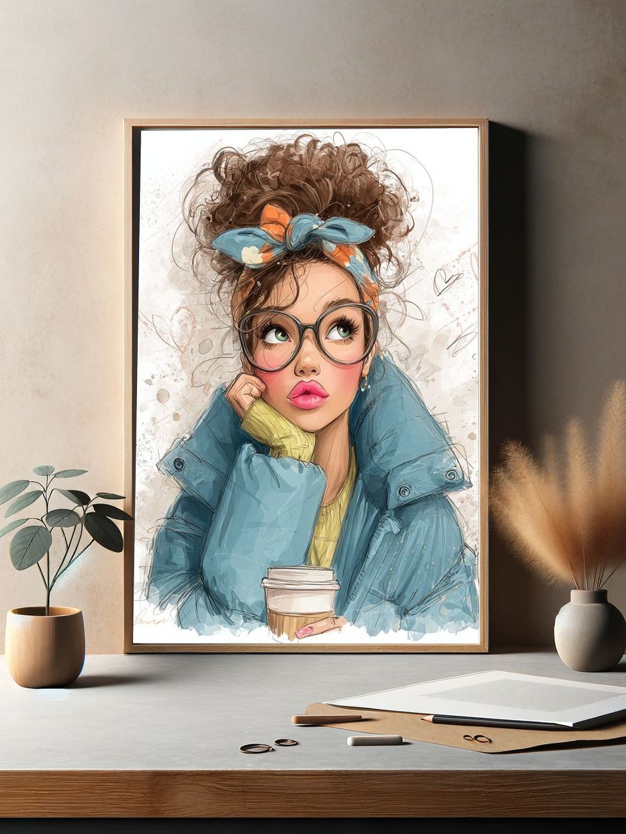 Stylish Girl with Coffee — Illustration Print. — room view 2