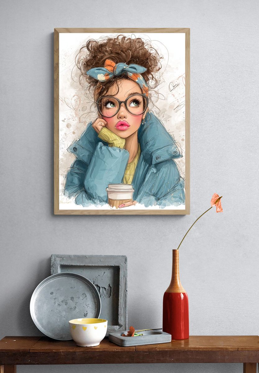 Stylish Girl with Coffee — Illustration Print. — room view 3