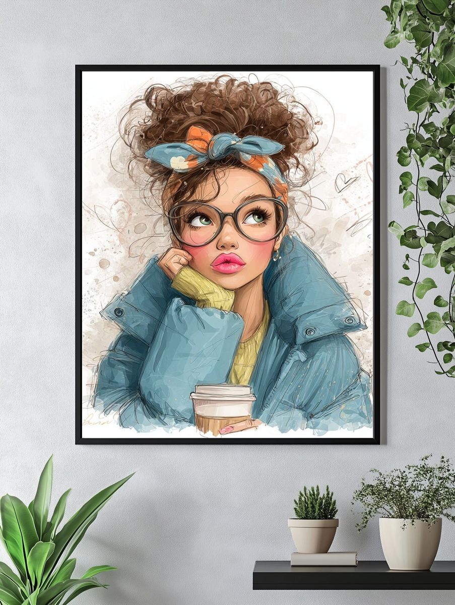 Stylish Girl with Coffee — Illustration Print. — room view 4