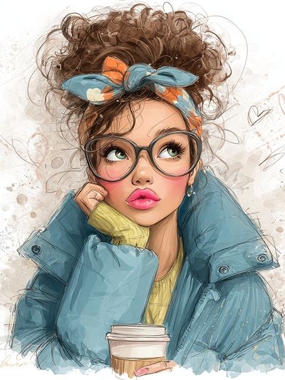 Stylish Girl with Coffee — Illustration Print. poster print