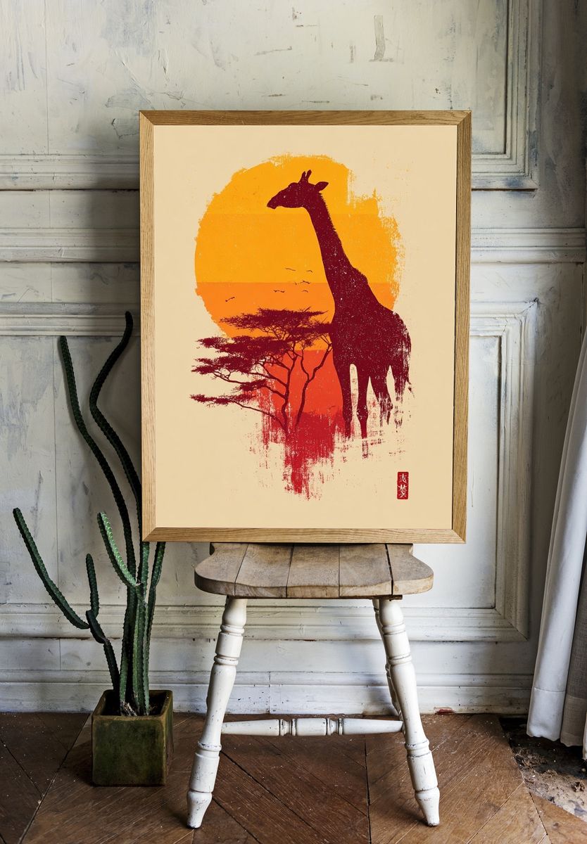 Giraffe Silhouette Sunset Poster. — room view 1