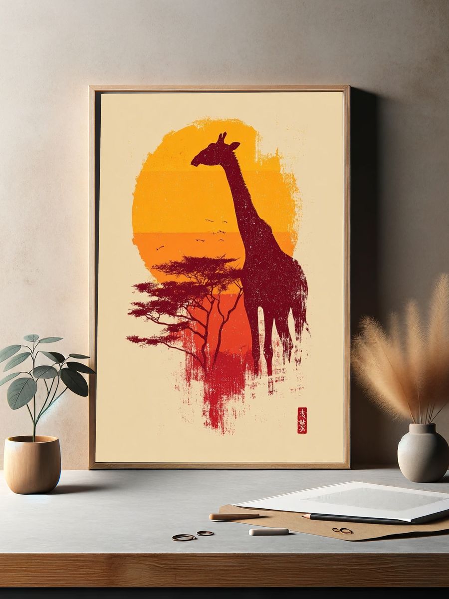 Giraffe Silhouette Sunset Poster. — room view 2