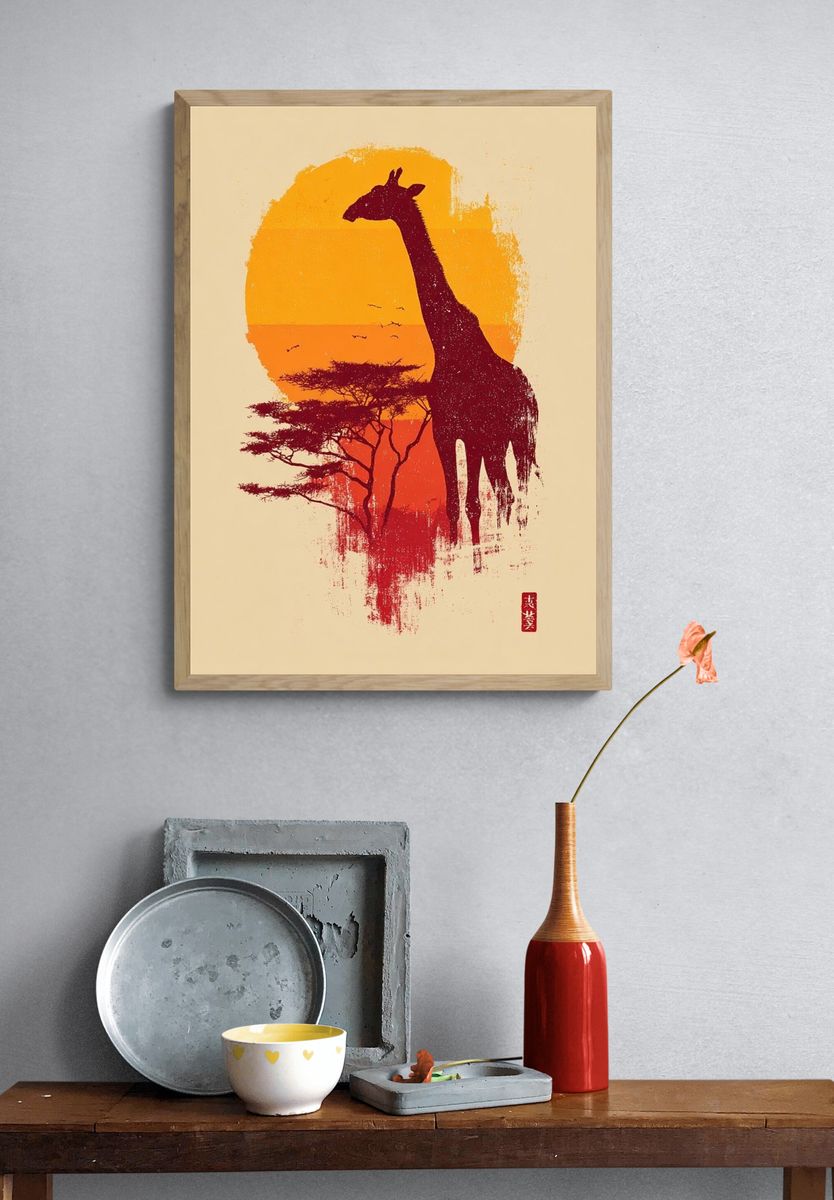 Giraffe Silhouette Sunset Poster. — room view 3