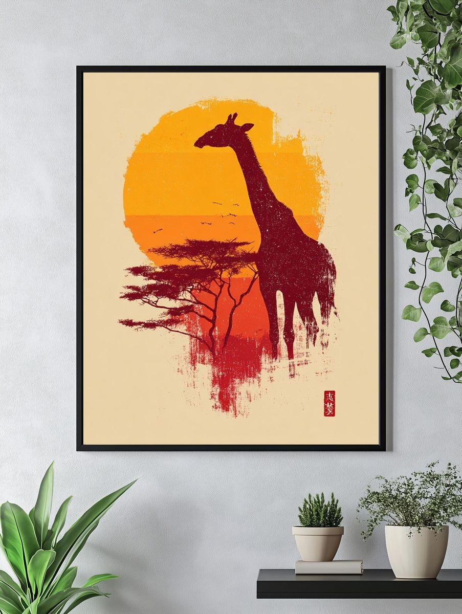 Giraffe Silhouette Sunset Poster. — room view 4