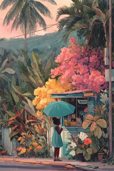 Girl with Umbrella — Watercolor Print. poster print