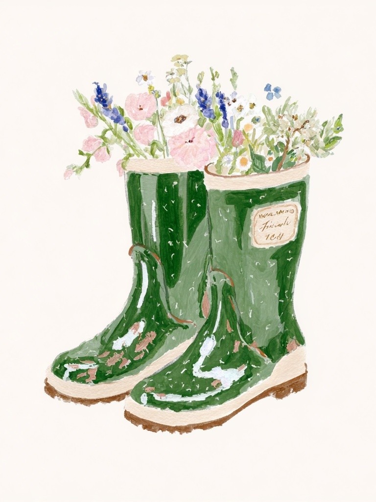 Green Wellies with Flowers — Illustration Print. poster detail