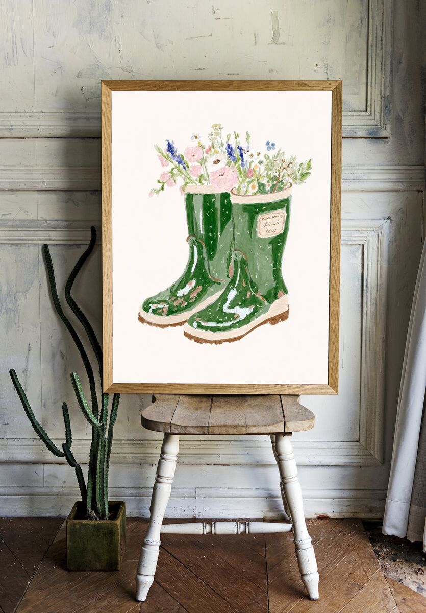 Green Wellies with Flowers — Illustration Print. — room view 1
