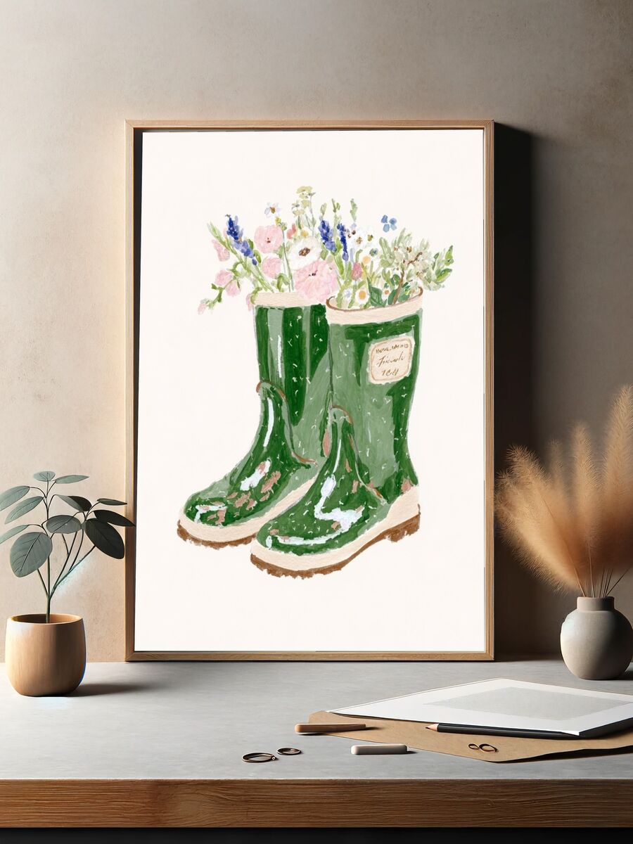 Green Wellies with Flowers — Illustration Print. — room view 2