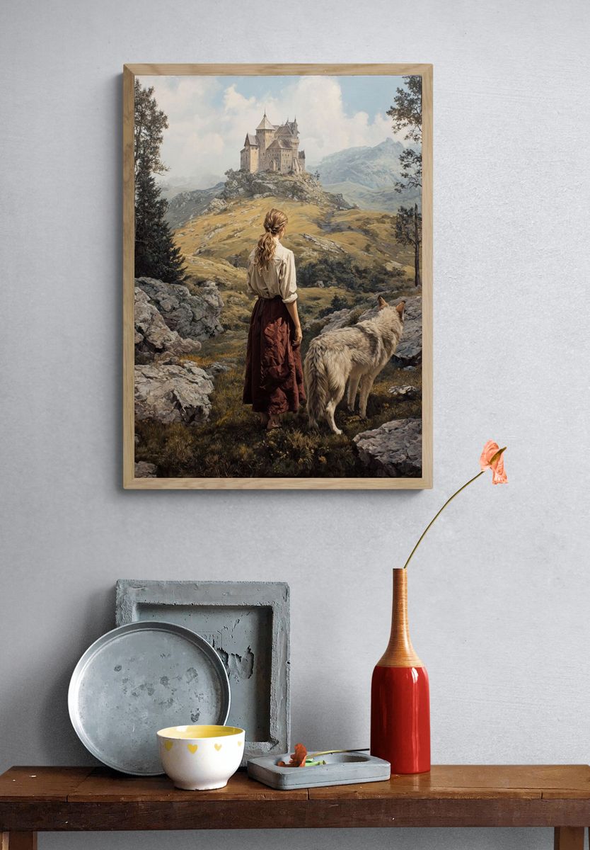 Girl and Wolf — Fantasy Landscape Print. — room view 3