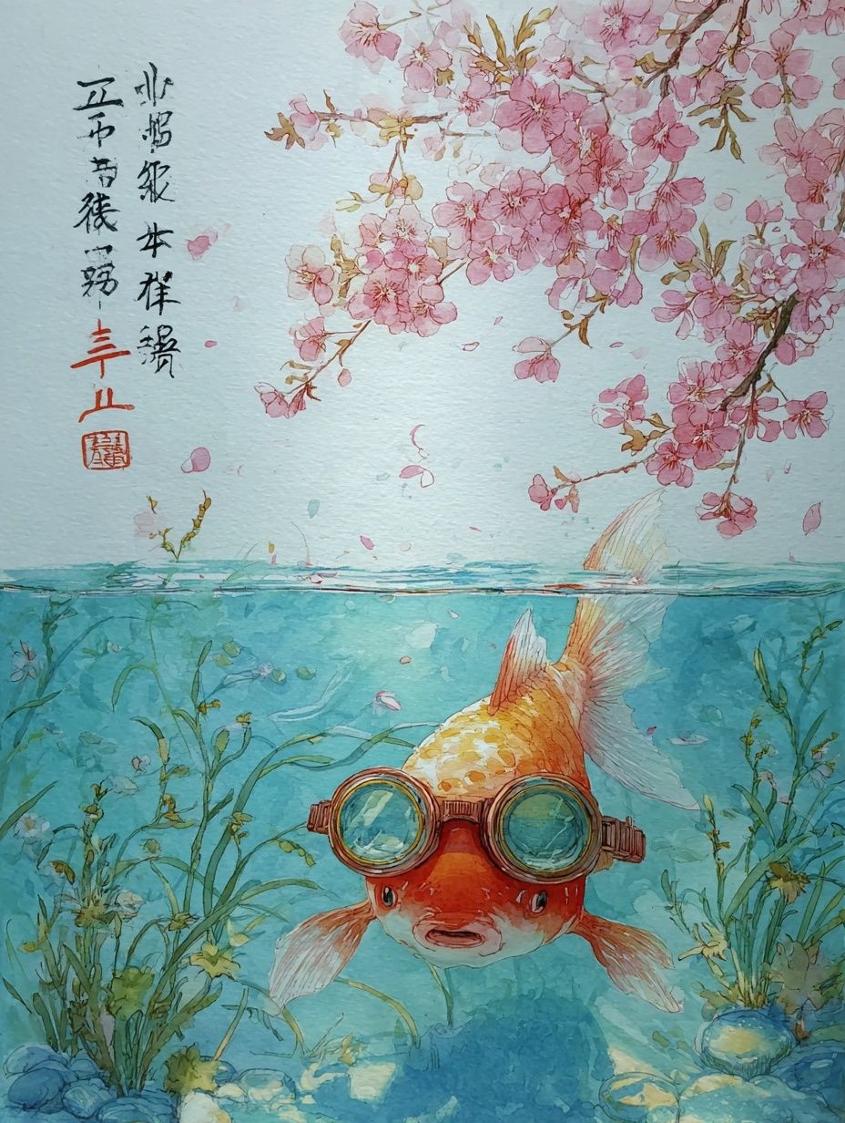 Goldfish with Goggles — Watercolor Print. poster detail