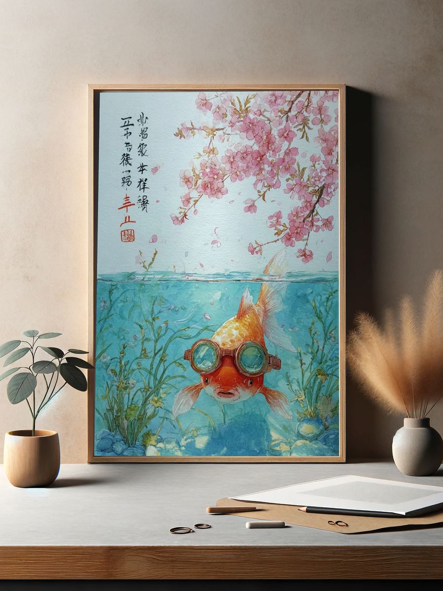 Goldfish with Goggles — Watercolor Print. — room view 2