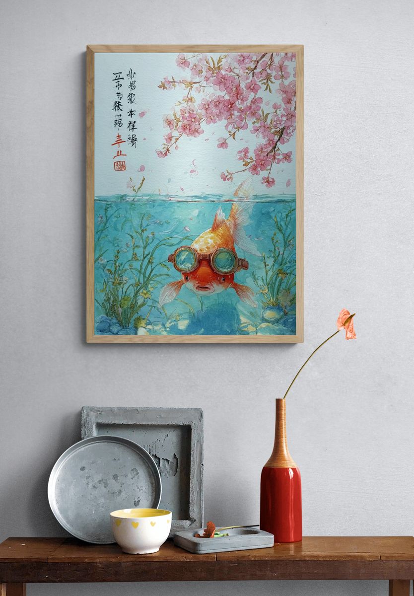 Goldfish with Goggles — Watercolor Print. — room view 3