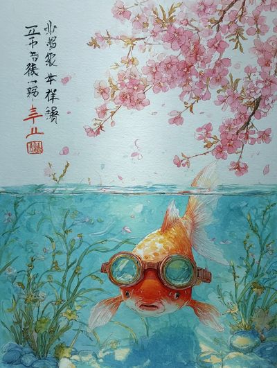 Goldfish with Goggles — Watercolor Print. poster print