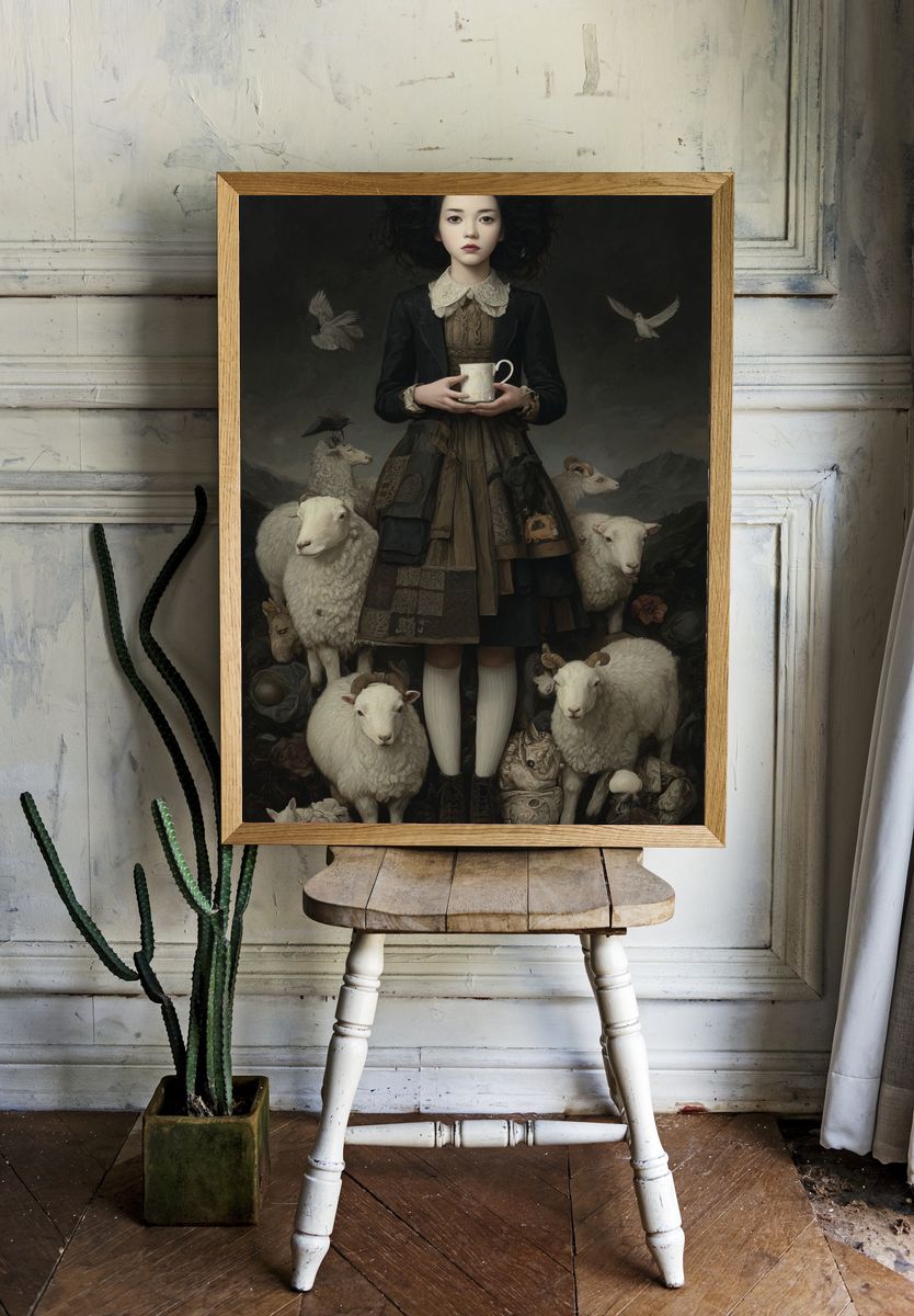 Girl with Sheep — Fine Art Print. — room view 1