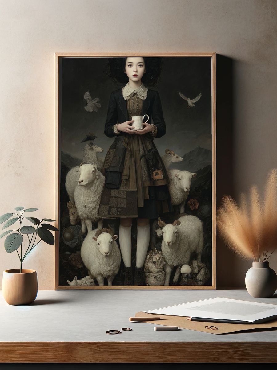 Girl with Sheep — Fine Art Print. — room view 2