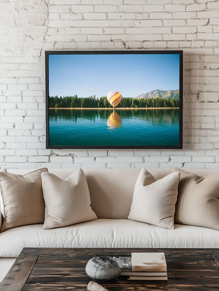 Hot Air Balloon Over Lake — Photography Print. — room view 1