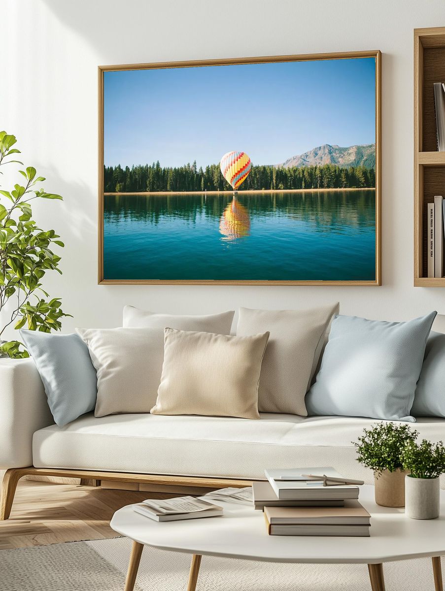 Hot Air Balloon Over Lake — Photography Print. — room view 2