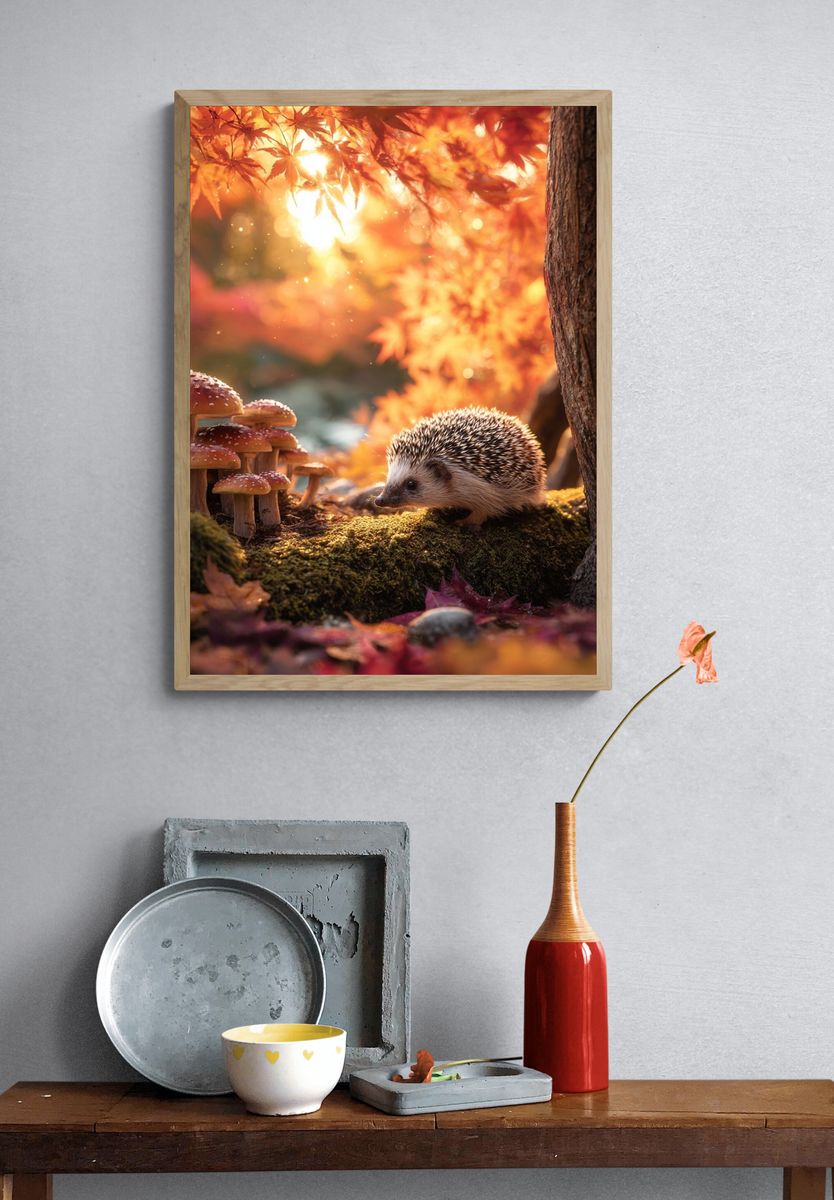 Hedgehog in Autumn Forest Poster. — room view 3