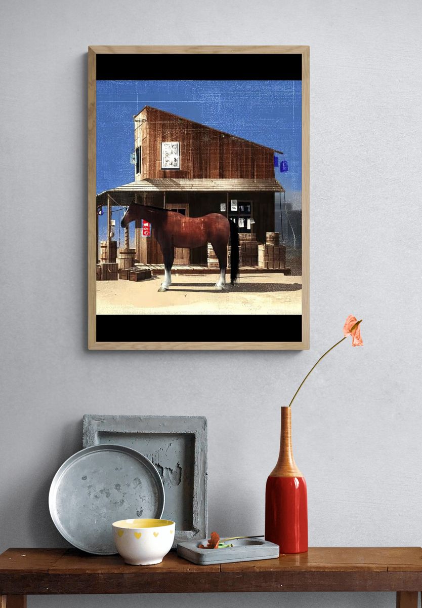 Horse by Rustic Barn — Vintage Print. — room view 3