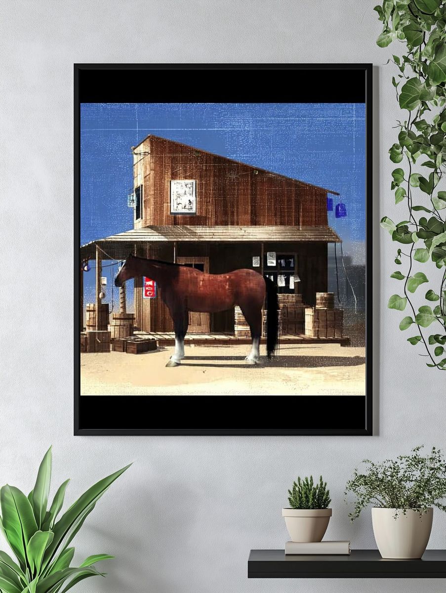 Horse by Rustic Barn — Vintage Print. — room view 4