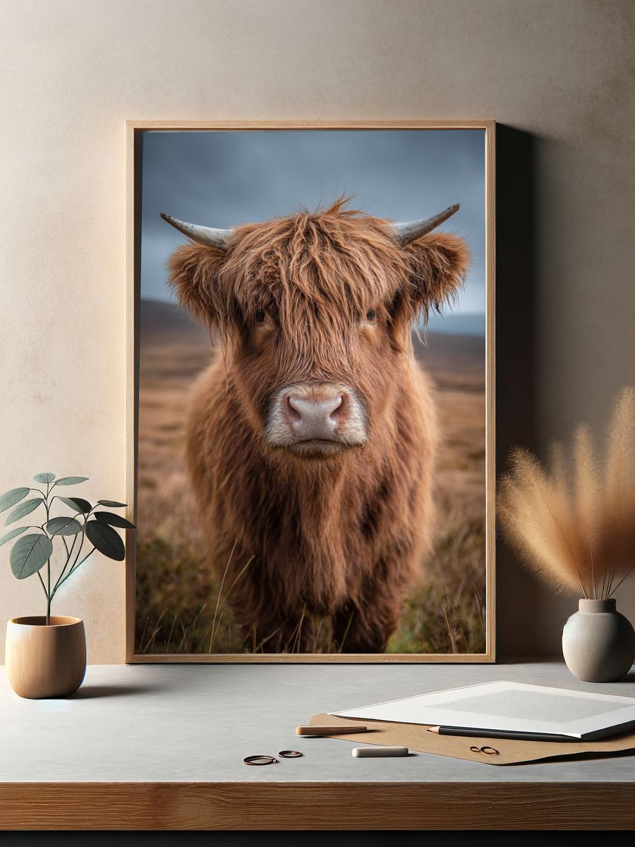 Highland Cow Portrait Poster. — room view 2