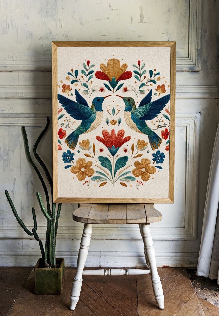 Hummingbirds and Flowers — Illustration Print. — room view 1