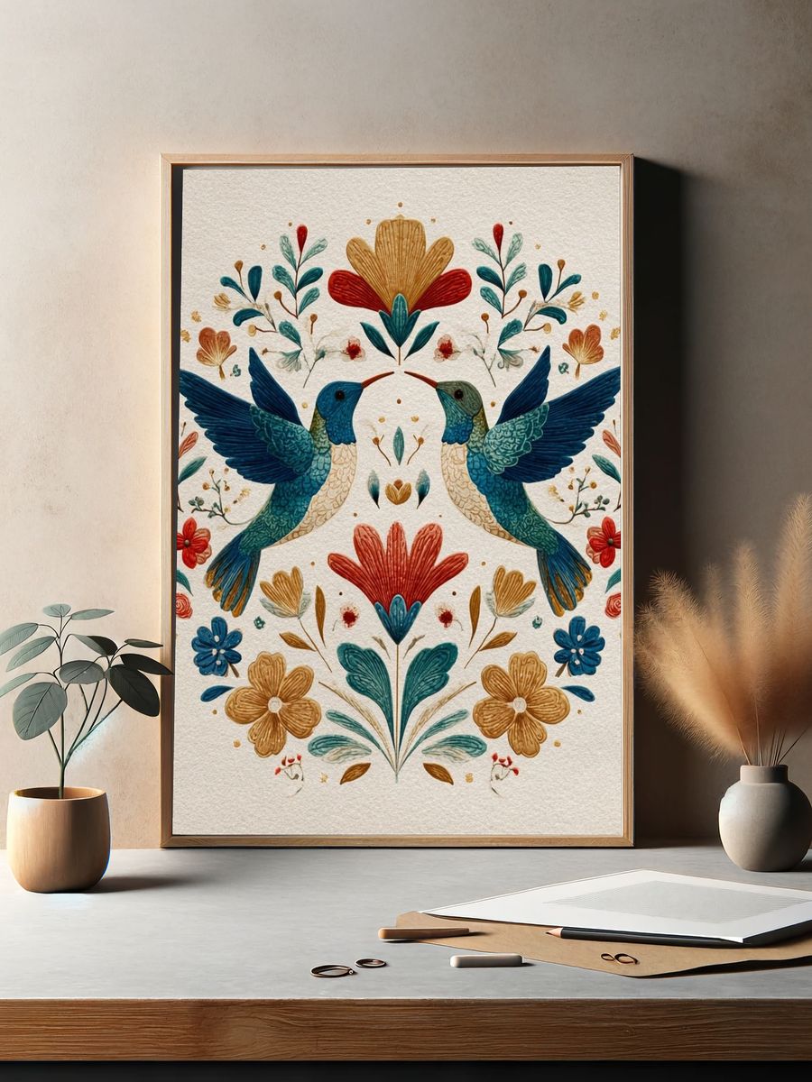 Hummingbirds and Flowers — Illustration Print. — room view 2