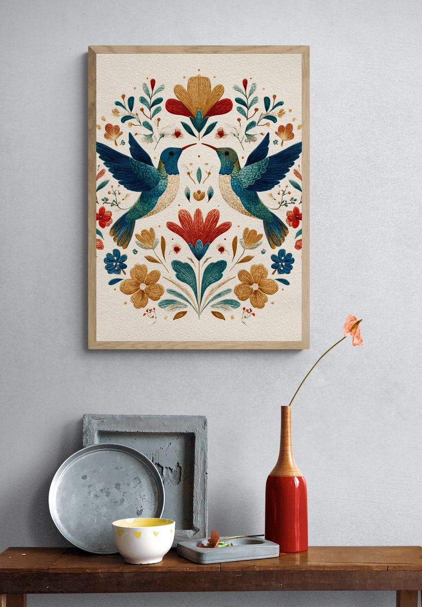 Hummingbirds and Flowers — Illustration Print. — room view 3