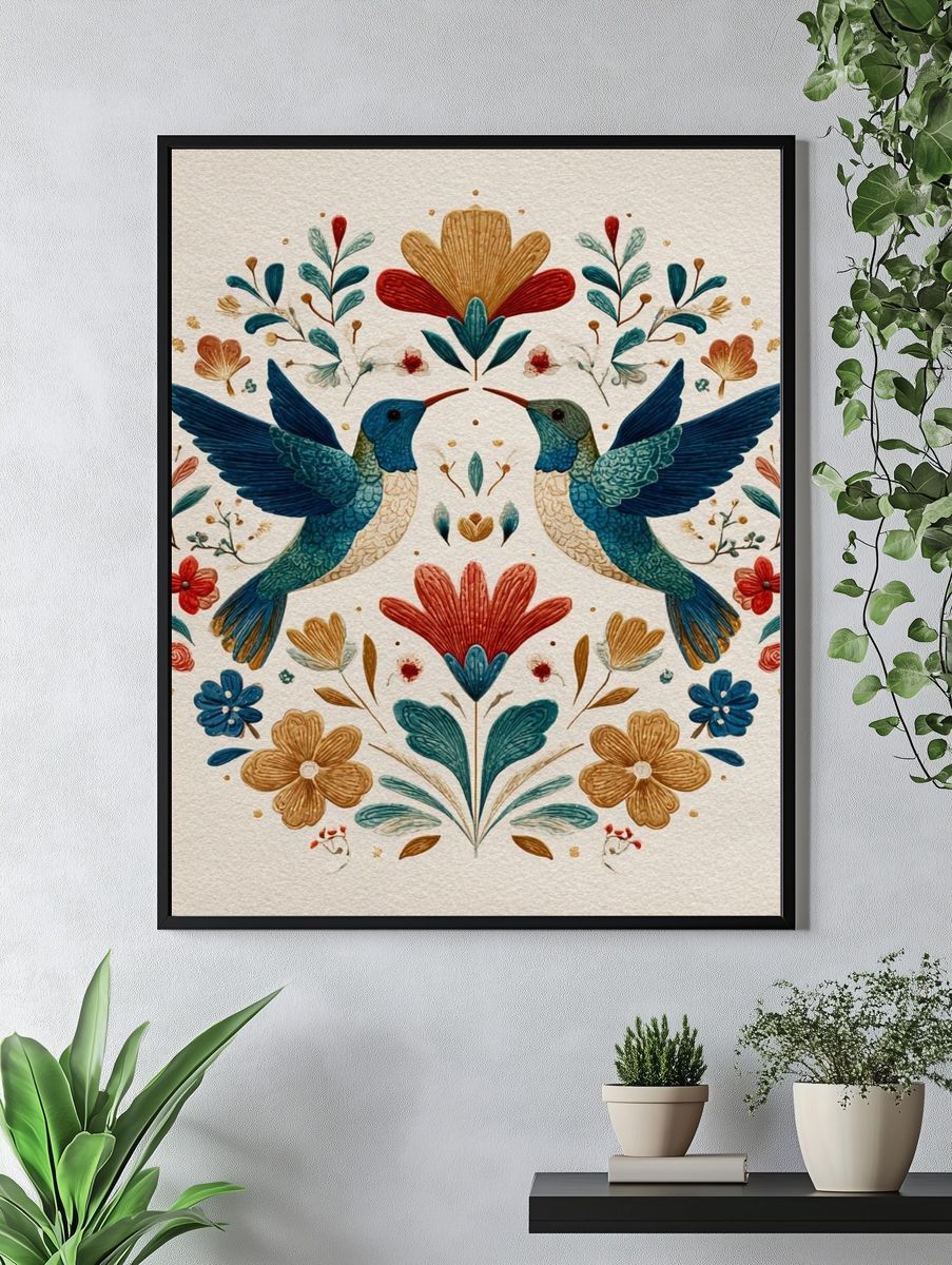 Hummingbirds and Flowers — Illustration Print. — room view 4
