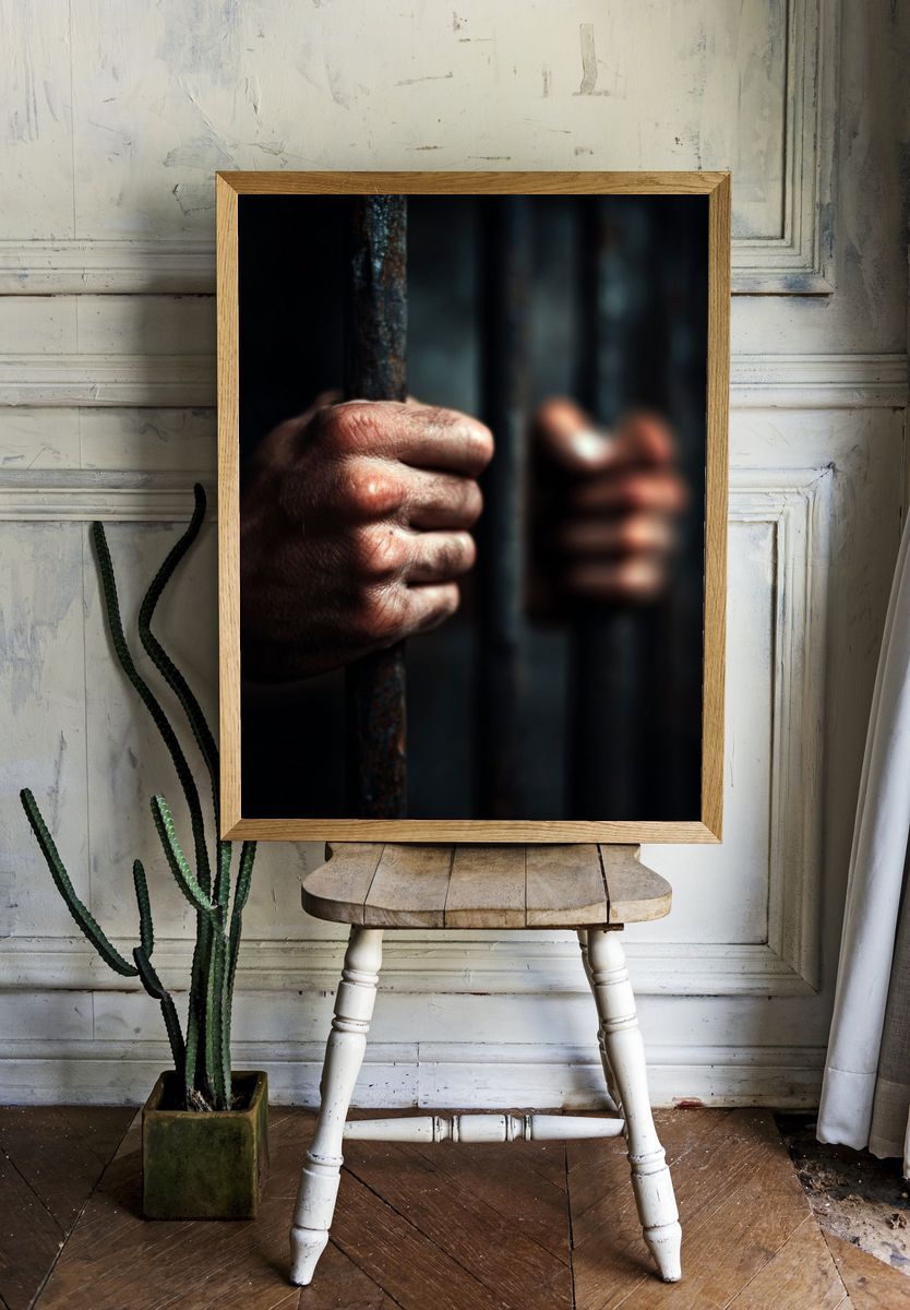 Hands Gripping Prison Bars — Photography Print. — room view 1