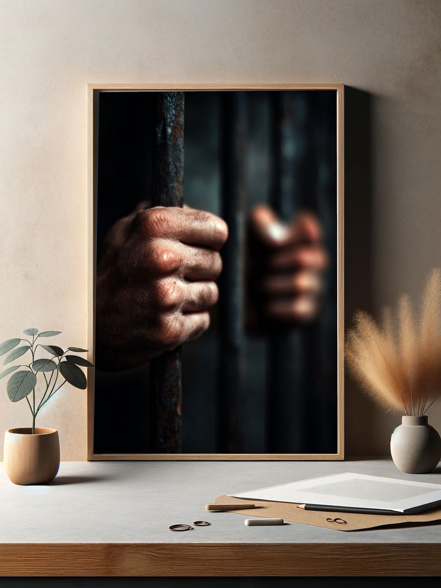 Hands Gripping Prison Bars — Photography Print. — room view 2
