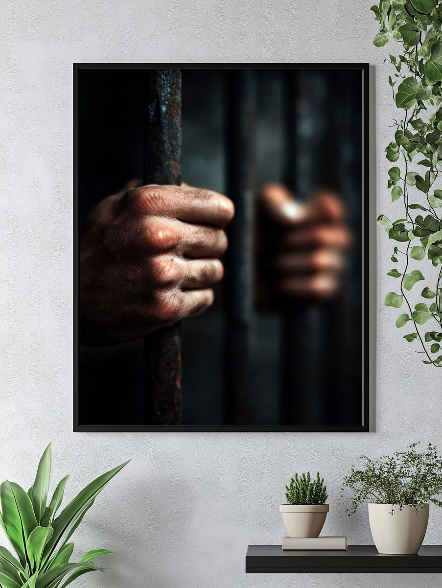 Hands Gripping Prison Bars — Photography Print. — room view 4
