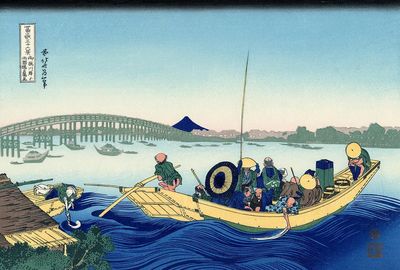 Katsushika Hokusai's Sunset Ryōgoku bridge. poster